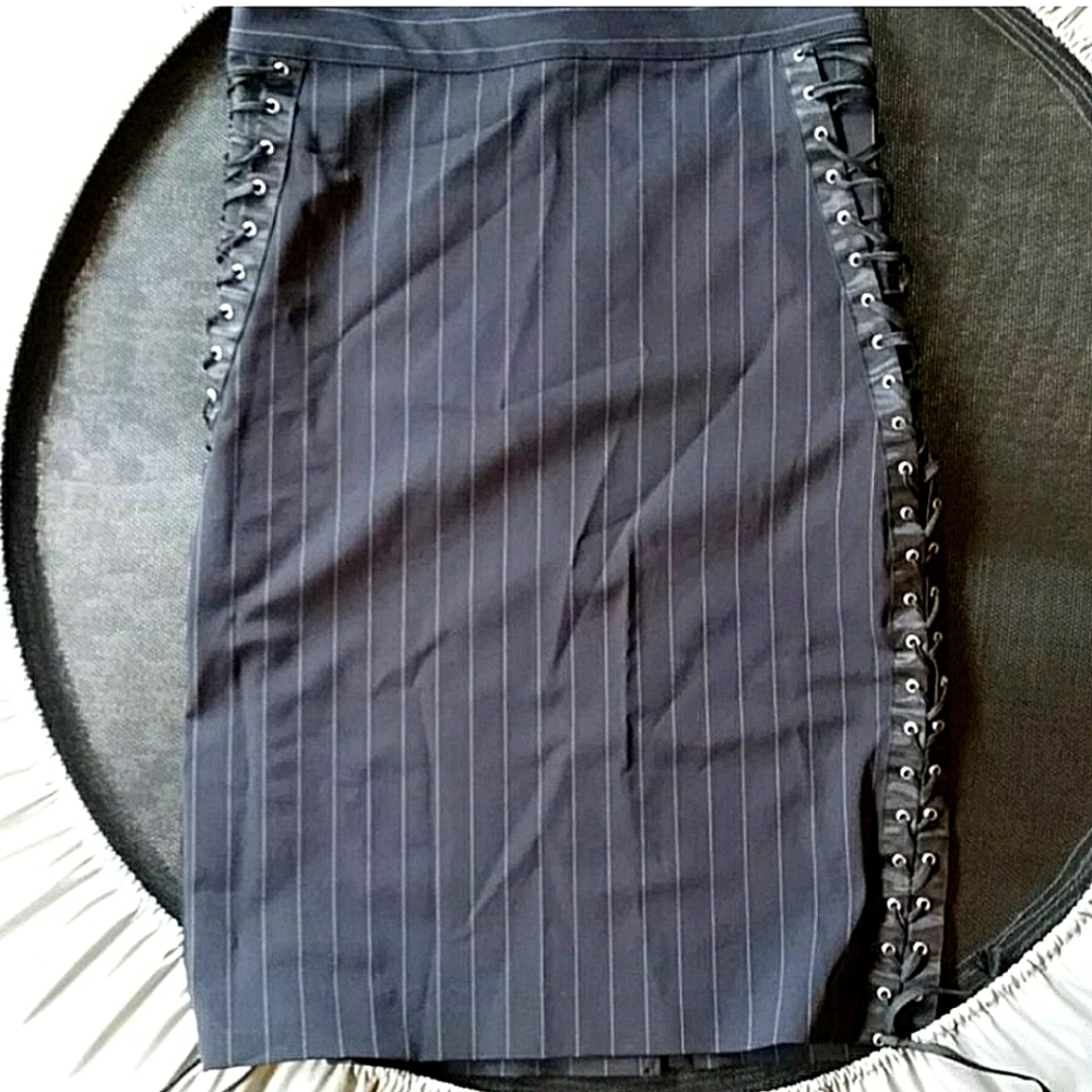 ABS 50's Pin-Up Style Pin-Stripe Pencil Skirt w/ Laced-Up Sides and Slit at Back